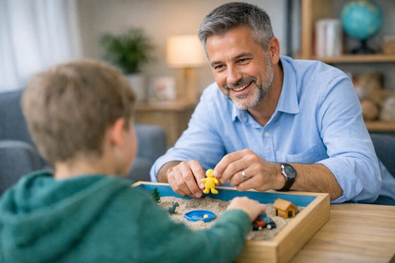 Ein lächelnder Mann schaut ein Kind an, während sie spielen.